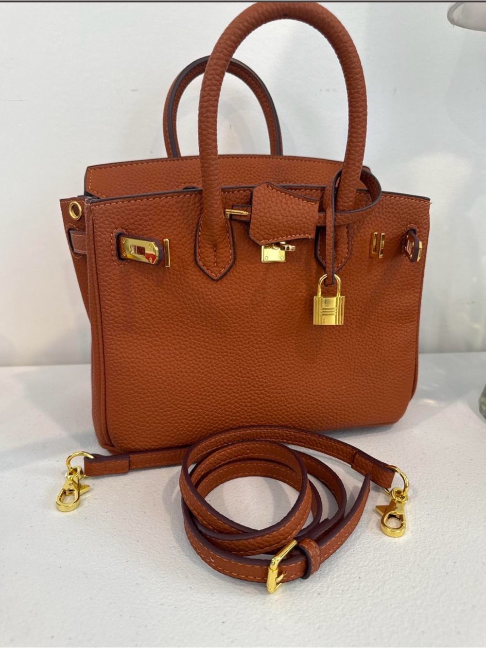 Structured Tan Leather Top-Handle Satchel with Gold Hardware